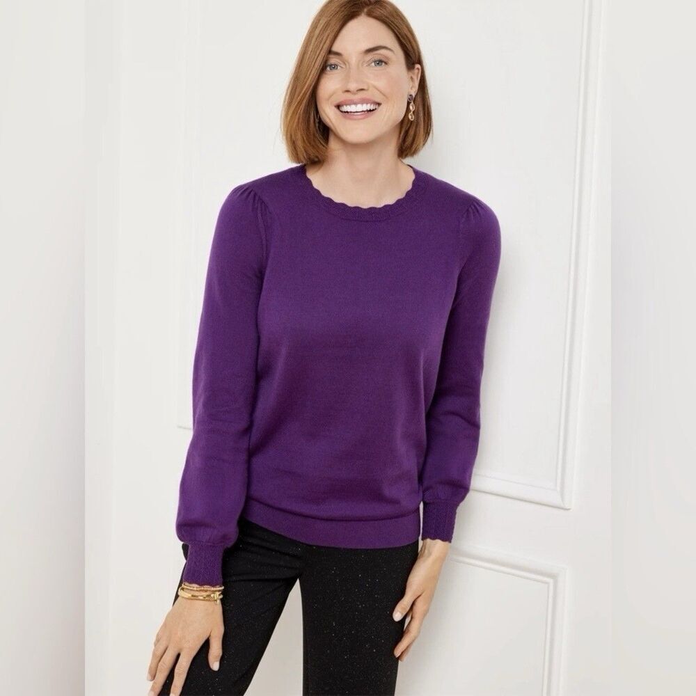 Talbots Women Long Sleeve Scallop Trim RICH AMETHYST Pullover Sweater NEW 2XP